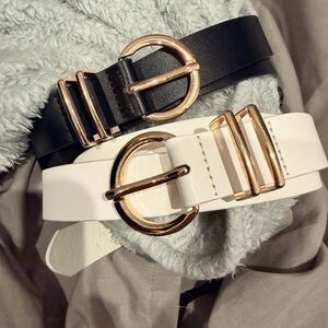Women's Black and White Faux Leather Belts with Gold Buckles
